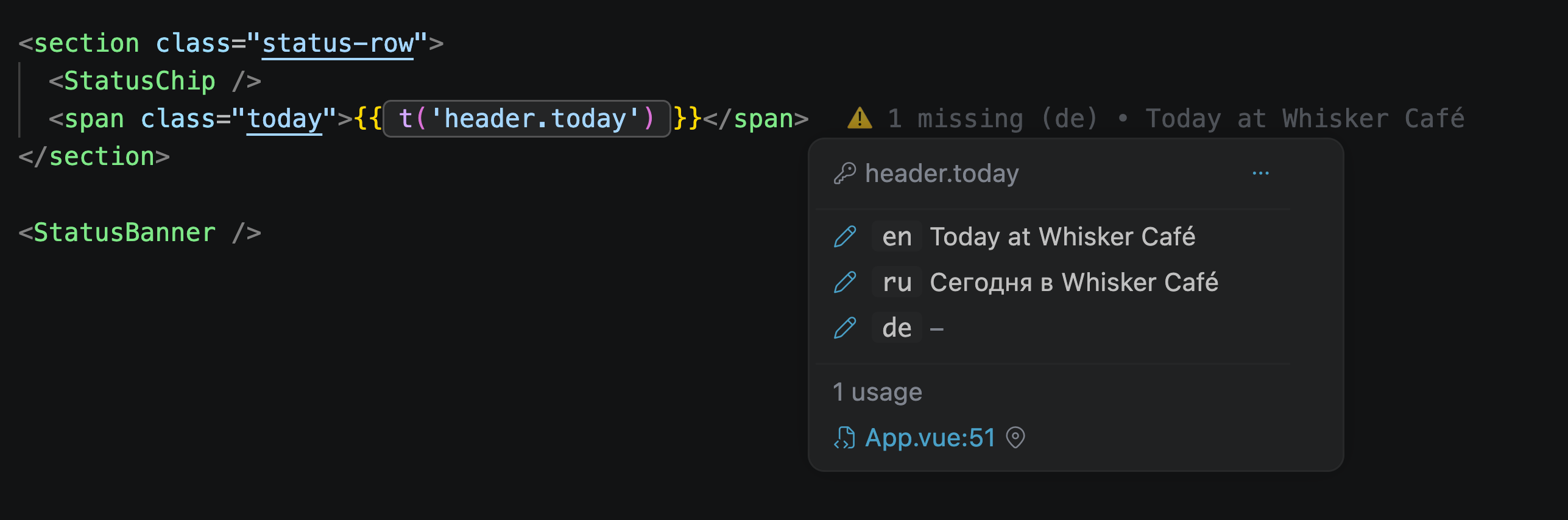 Inline preview showing a missing-translation warning listing the affected locales