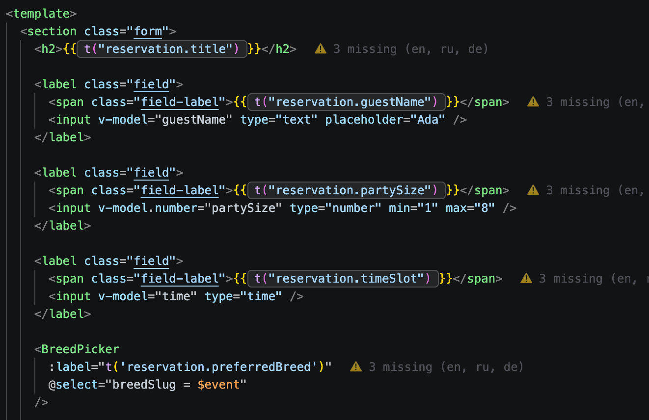Inline previews showing a "3 missing (en, ru, de)" warning next to keys